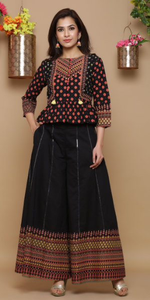 Women's Cambric Printed Peplum Crop-Top With Palazzo