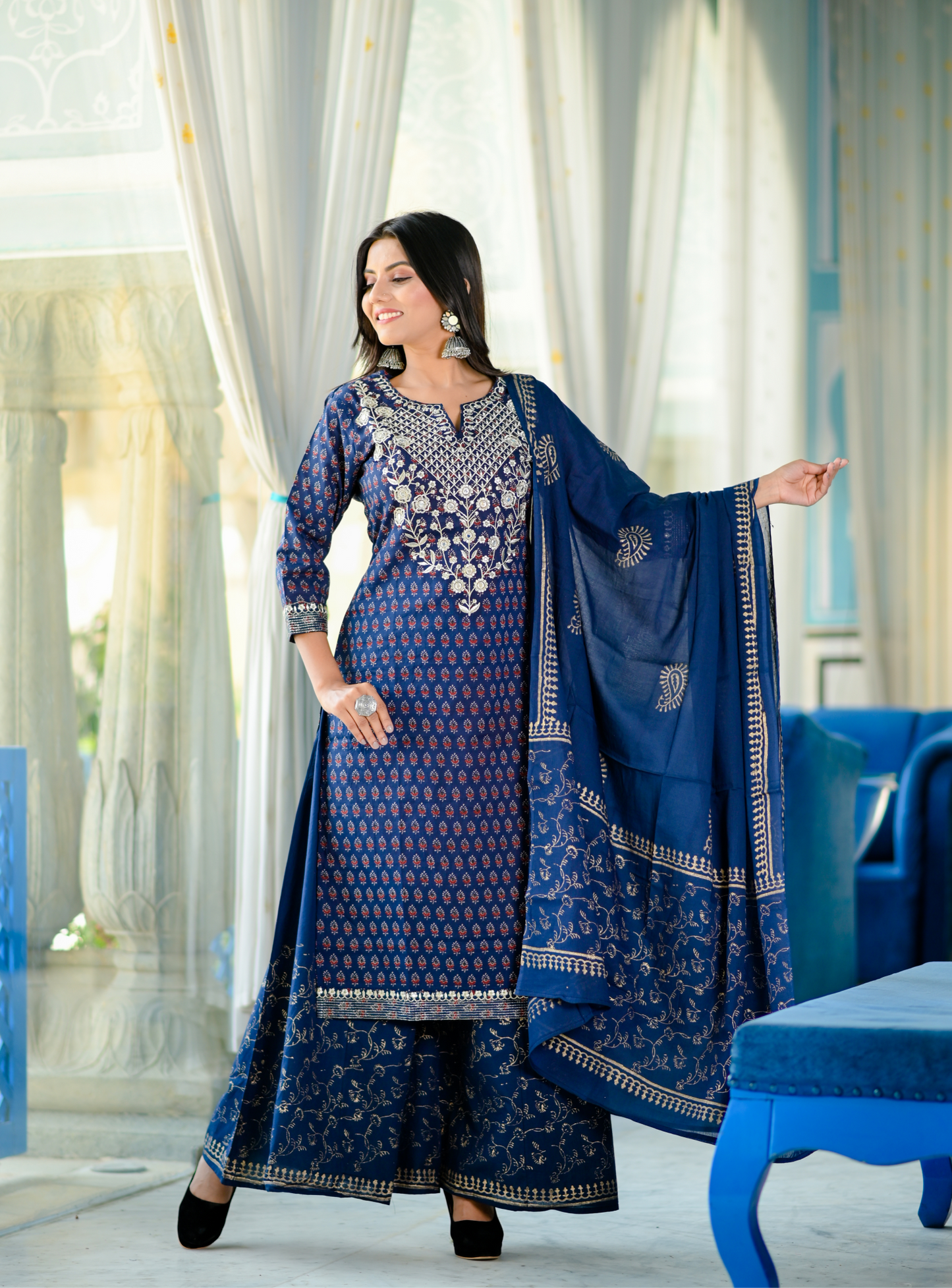 Women's Blue Handblock Dupatta Set