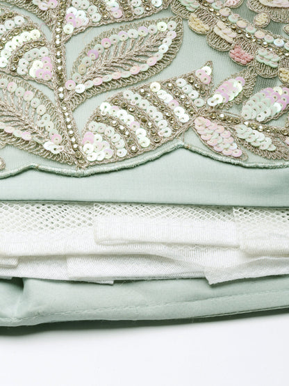 Women 's Sea green Net Multi Sequins with heavy Zarkan embroidery Ready to Wear Lehenga choli & Dupatta
