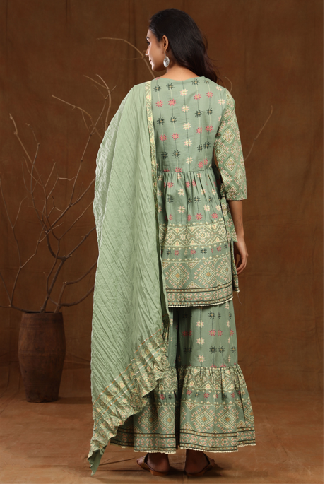 Women's Cambric Printed Flared Tunic Sharara Dupatta Set