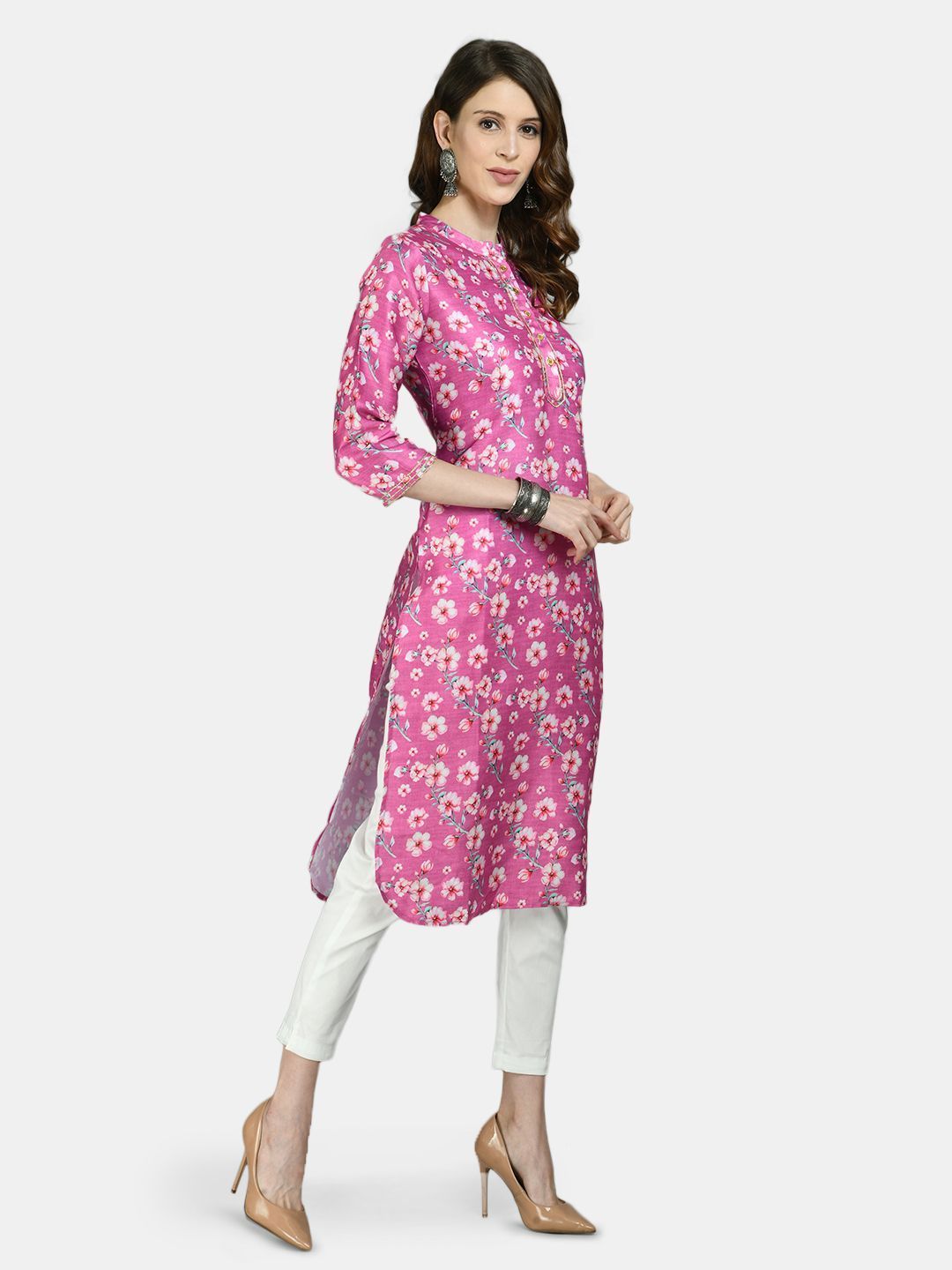 Women Pink Silk Printed Kurta by Myshka (