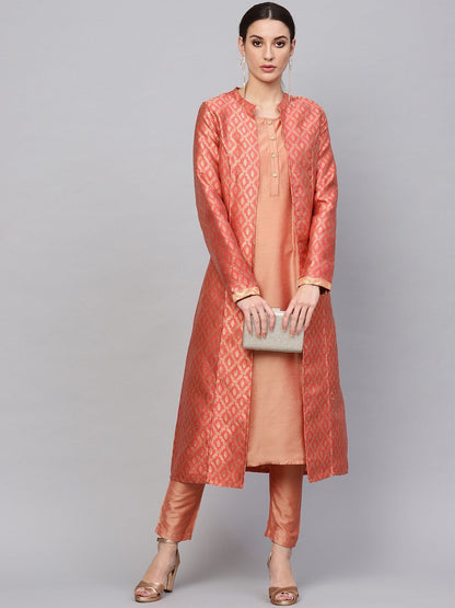 Women's  Pink & Golden Self Design Reversible Longline Open Front Jacket
