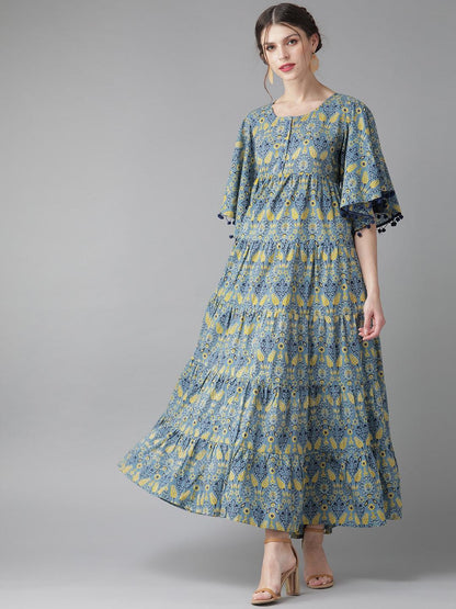 Women's  Blue & Yellow Printed Tiered Maxi Dress