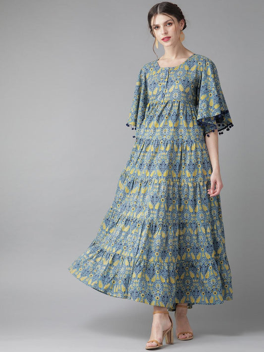 Women's  Blue & Yellow Printed Tiered Maxi Dress