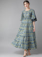 Women's  Blue & Yellow Printed Tiered Maxi Dress