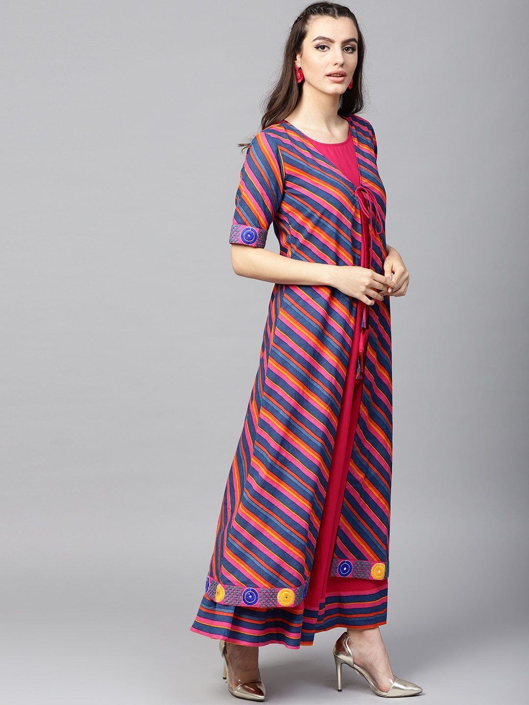 Women's  Blue & Magenta Leheriya Print Layered Anarkali Kurta