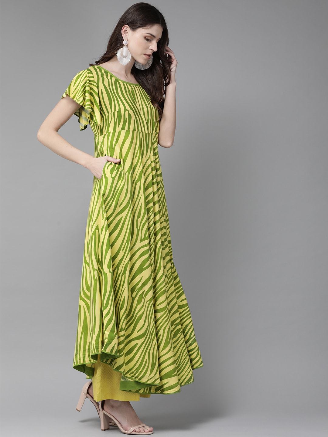 Women's  Yellow & Green Zebra Print Anarkali Kurta