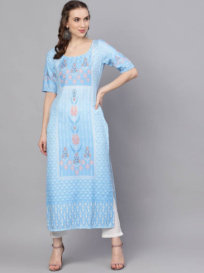 Women's  Blue & White Printed A-Line Kurta