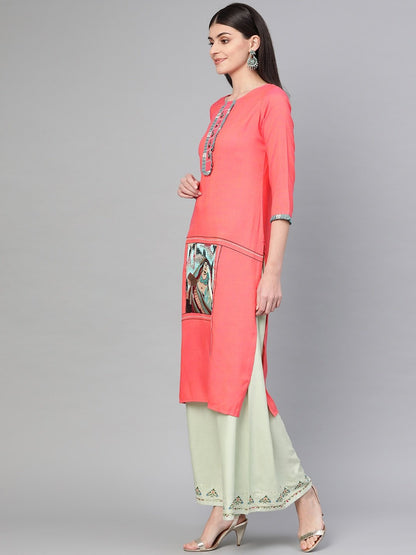 Women's Pink Quirky Embroidered Kurta