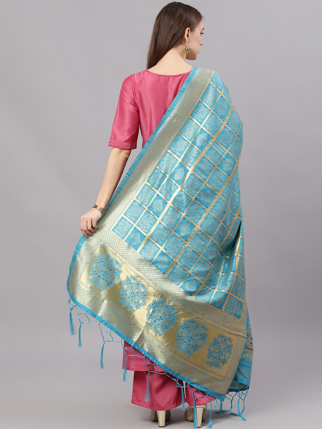Women's Turquoise Blue Zari Worked Dupatta
