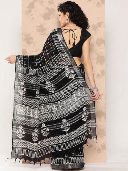 Women's Black Printed Unstitched Blouse Sarees