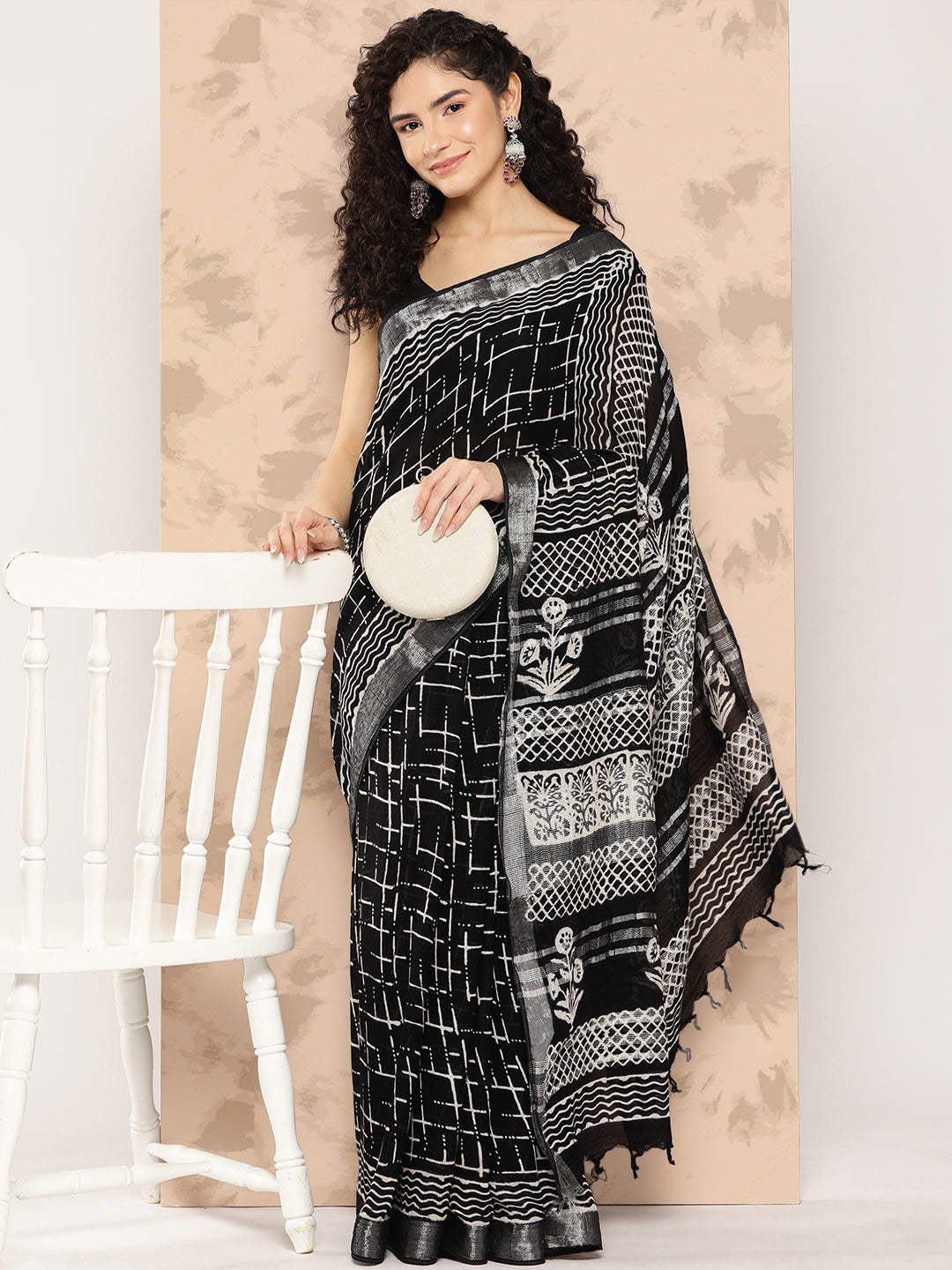 Women's Black Printed Unstitched Blouse Sarees