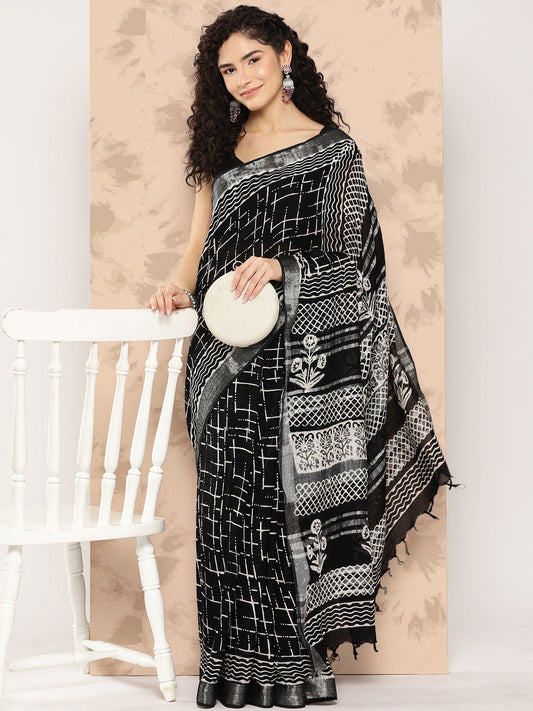 Women's Black Printed Unstitched Blouse Sarees