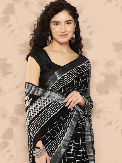 Women's Black Printed Unstitched Blouse Sarees