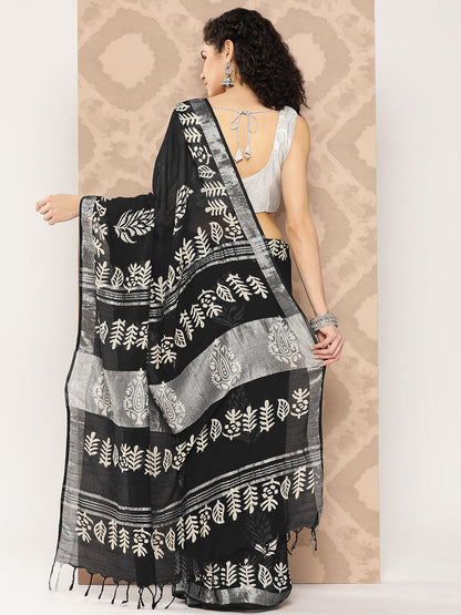 Women's Black Printed Unstitched Blouse Sarees