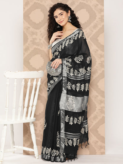 Women's Black Printed Unstitched Blouse Sarees