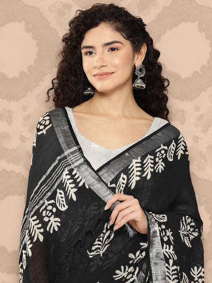 Women's Black Printed Unstitched Blouse Sarees