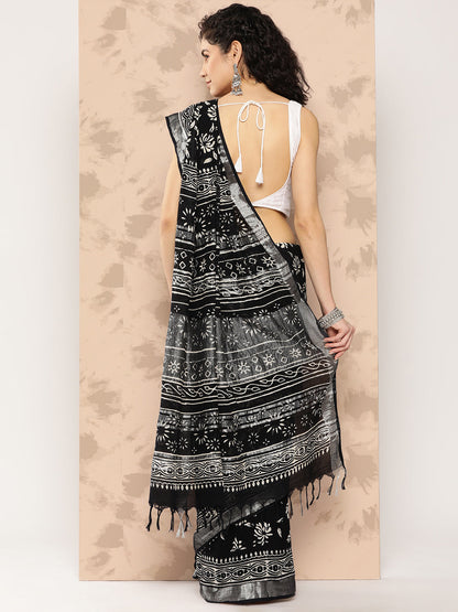 Women's Black Printed Unstitched Blouse Sarees