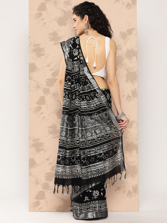 Women's Black Printed Unstitched Blouse Sarees