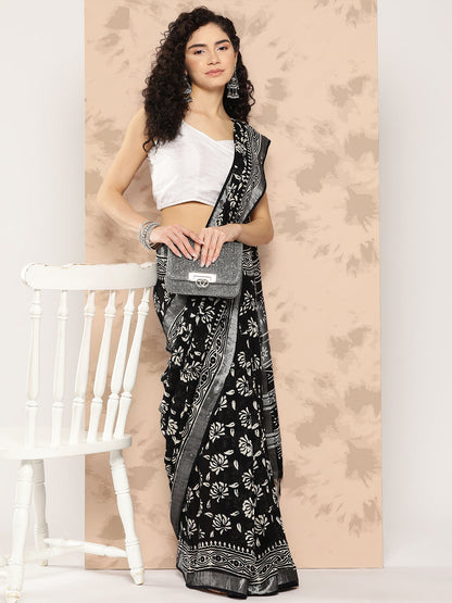 Women's Black Printed Unstitched Blouse Sarees