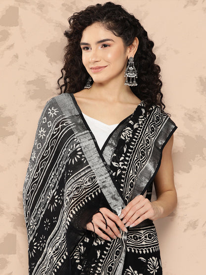 Women's Black Printed Unstitched Blouse Sarees