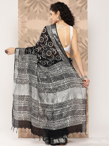 Women's Black Printed Unstitched Blouse Sarees