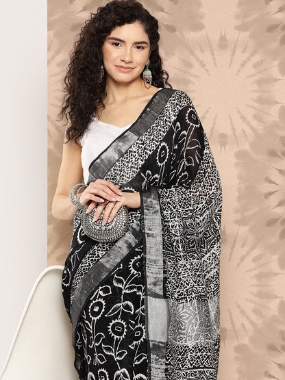 Women's Black Printed Unstitched Blouse Sarees