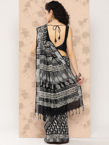 Women's Black Printed Unstitched Blouse Sarees