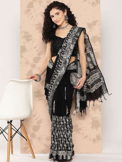 Women's Black Printed Unstitched Blouse Sarees
