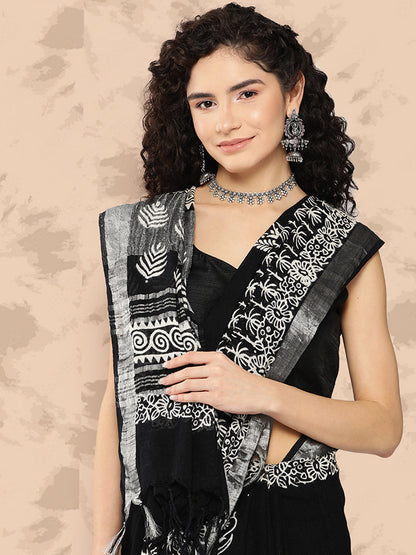 Women's Black Printed Unstitched Blouse Sarees