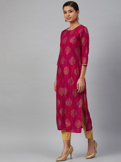 Women's Pink & Golden Printed Straight Dyed Kurta