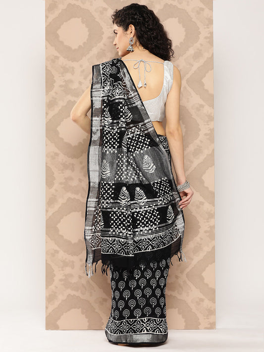 Women's Black Printed Unstitched Blouse Sarees