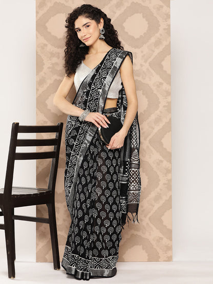 Women's Black Printed Unstitched Blouse Sarees