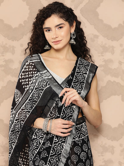 Women's Black Printed Unstitched Blouse Sarees