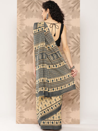 Women's Beige Printed Unstitched Blouse Sarees
