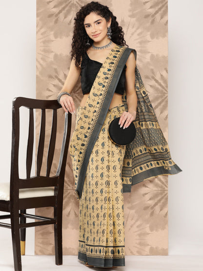 Women's Beige Printed Unstitched Blouse Sarees