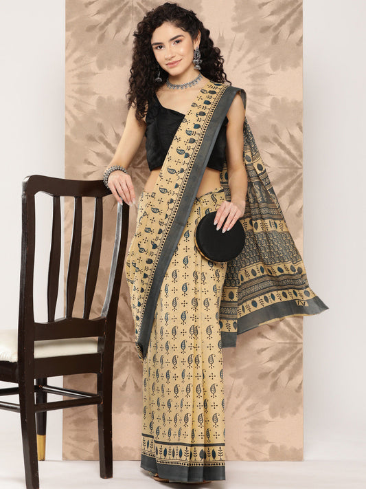 Women's Beige Printed Unstitched Blouse Sarees