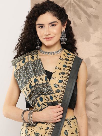 Women's Beige Printed Unstitched Blouse Sarees