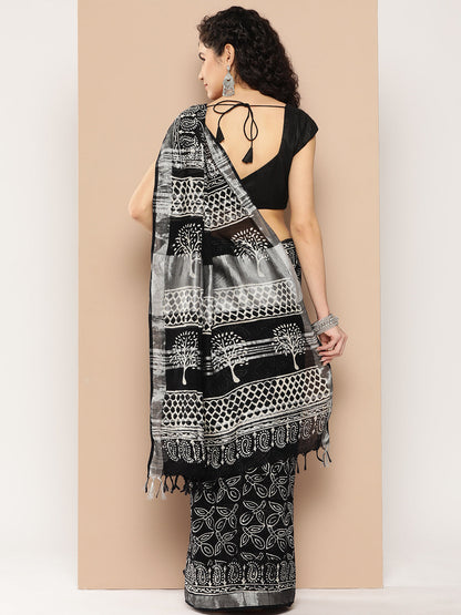Women's Black Printed Unstitched Blouse Sarees