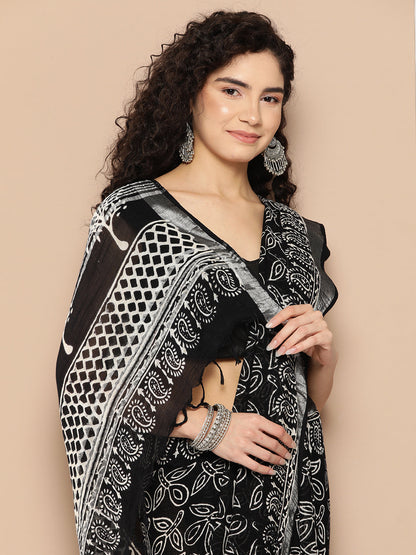 Women's Black Printed Unstitched Blouse Sarees