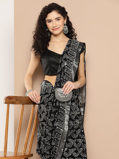 Women's Black Printed Unstitched Blouse Sarees