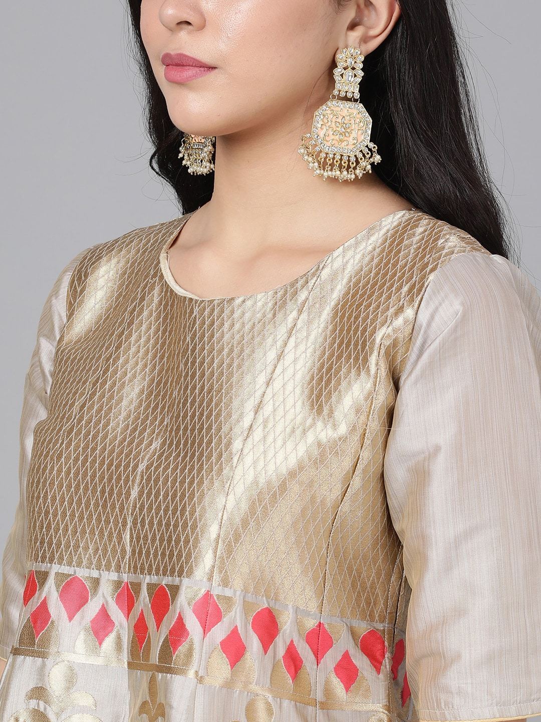 Women's  Grey & Peach Woven Design Kurta with Churidar & Dupatta