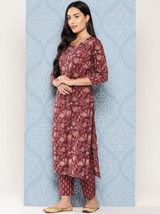 Women's Maroon Ethnic Motifs Straight Kurta Trouser And Dupatta Set