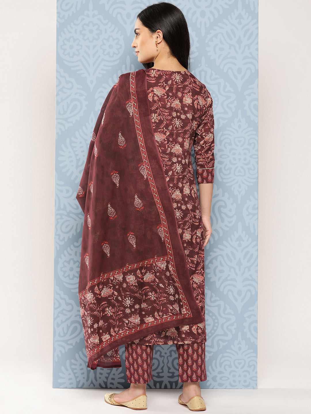 Women's Maroon Ethnic Motifs Straight Kurta Trouser And Dupatta Set