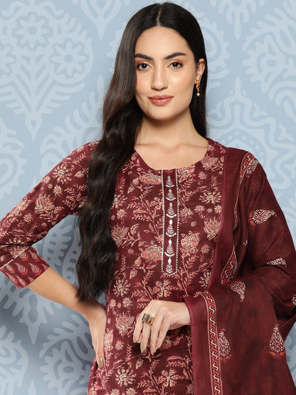 Women's Maroon Ethnic Motifs Straight Kurta Trouser And Dupatta Set