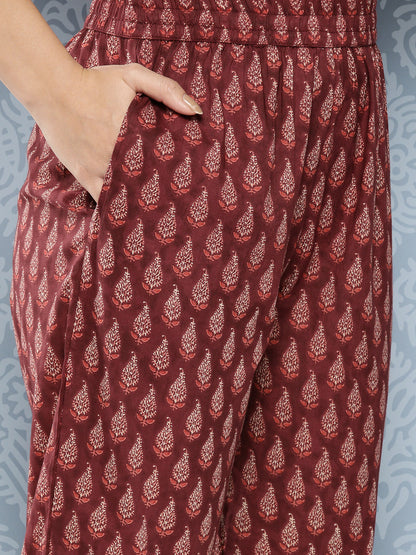 Women's Maroon Ethnic Motifs Straight Kurta Trouser And Dupatta Set