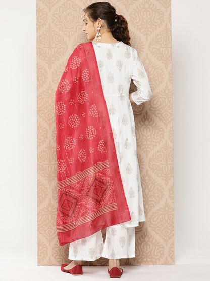 Women's White Ethnic Motifs Anarkali Kurta Trouser And Dupatta Set