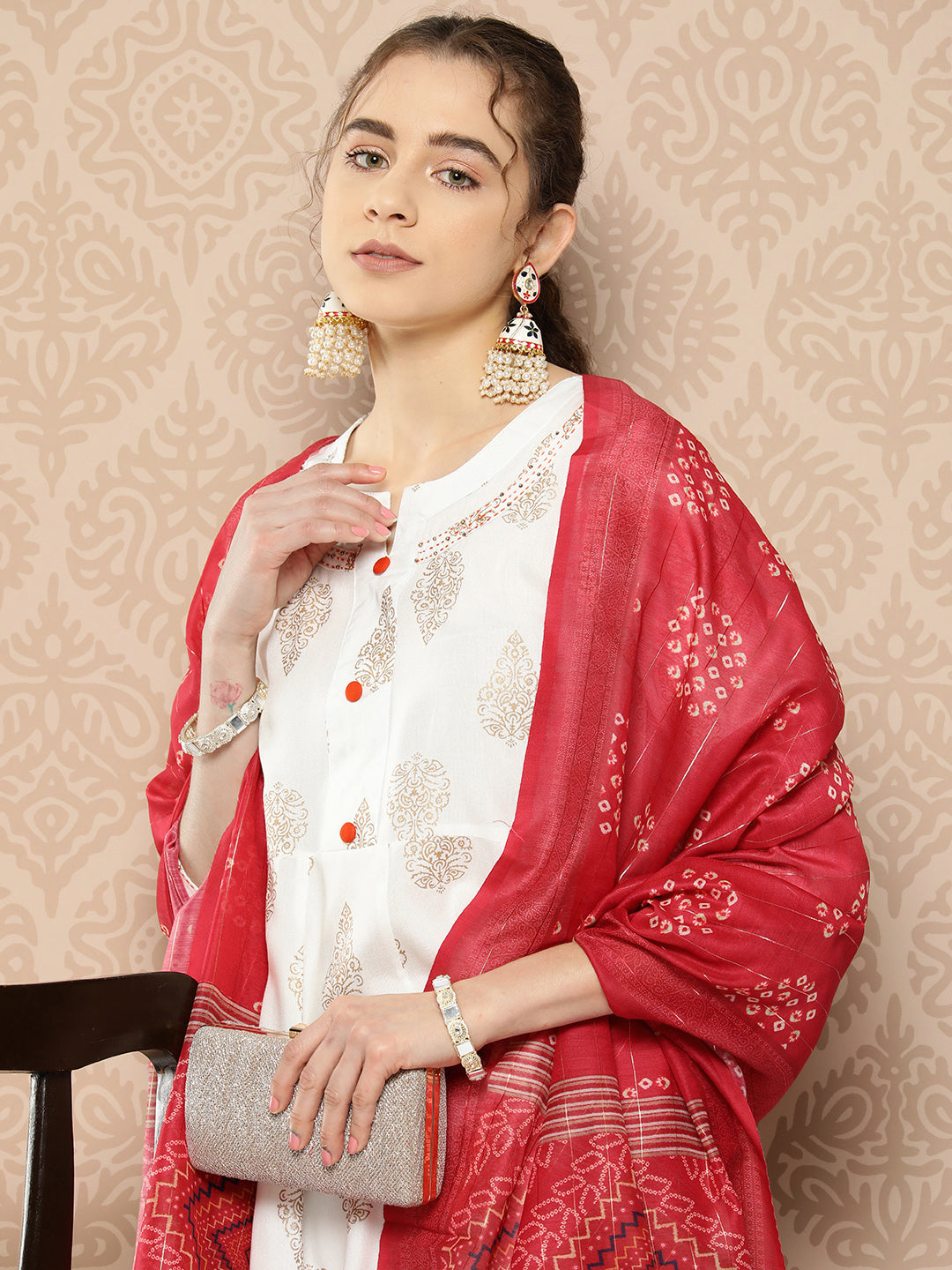 Women's White Ethnic Motifs Anarkali Kurta Trouser And Dupatta Set