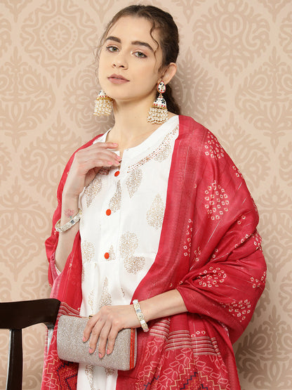 Women's White Ethnic Motifs Anarkali Kurta Trouser And Dupatta Set
