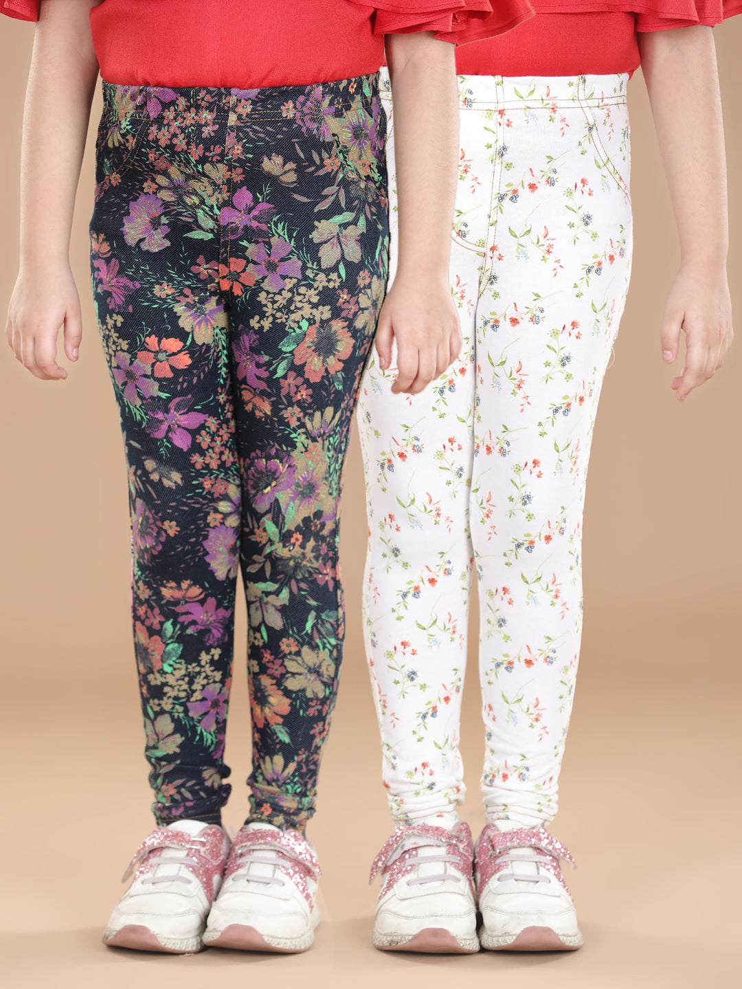 Girl's  Cotton Floral Printed Pack Of 2 Jeggings - S